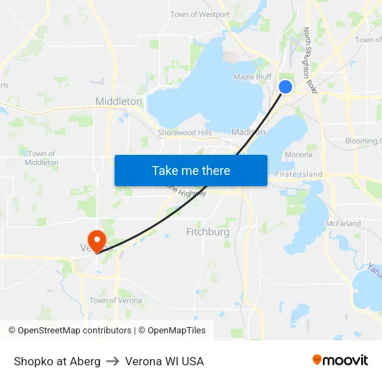 Shopko at Aberg to Verona WI USA map