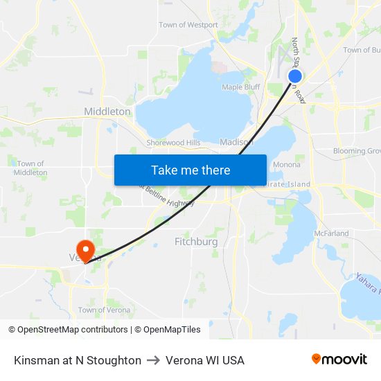 Kinsman at N Stoughton to Verona WI USA map