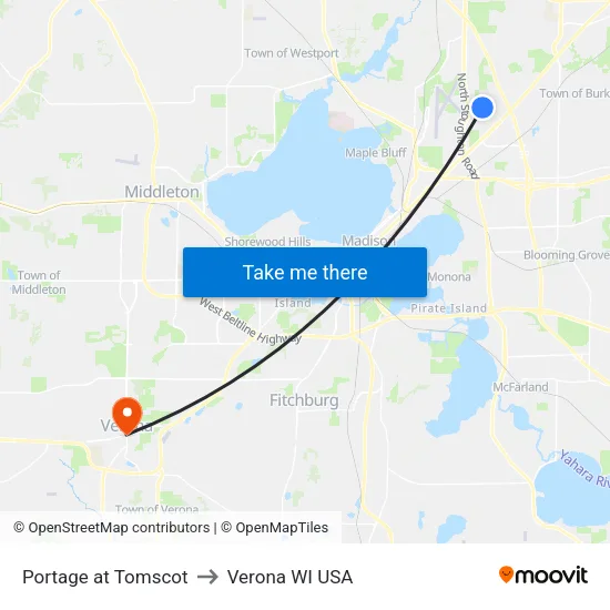 Portage at Tomscot to Verona WI USA map