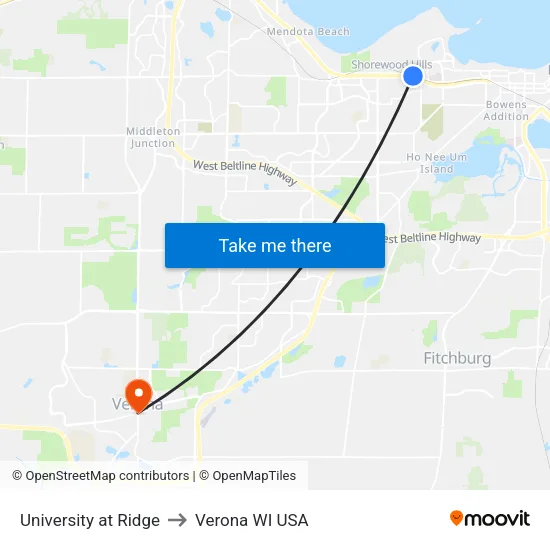 University at Ridge to Verona WI USA map