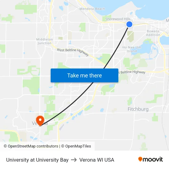 University at University Bay to Verona WI USA map