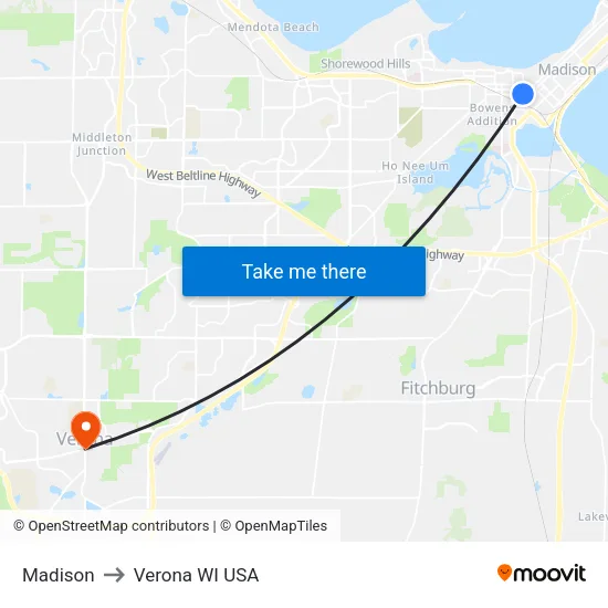 Madison to Verona WI USA map