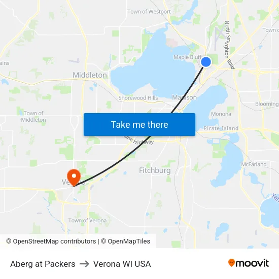 Aberg at Packers to Verona WI USA map