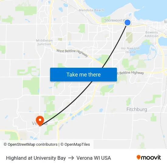 Highland at University Bay to Verona WI USA map