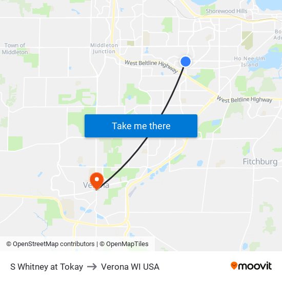 S Whitney at Tokay to Verona WI USA map