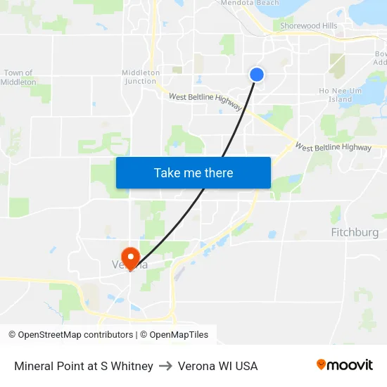 Mineral Point at S Whitney to Verona WI USA map