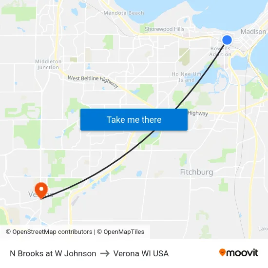 N Brooks at W Johnson to Verona WI USA map
