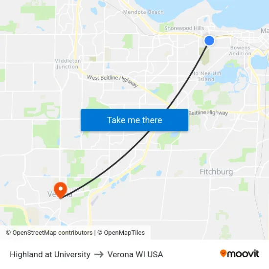 Highland at University to Verona WI USA map