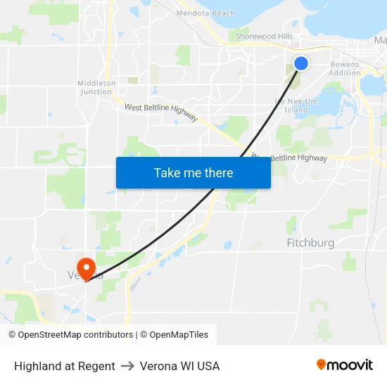 Highland at Regent to Verona WI USA map