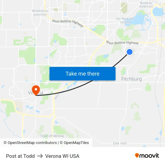 Post at Todd to Verona WI USA map