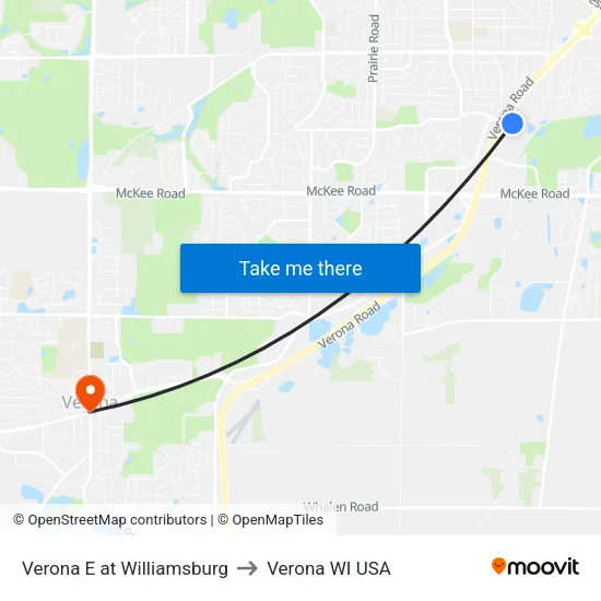 Verona E at Williamsburg to Verona WI USA map