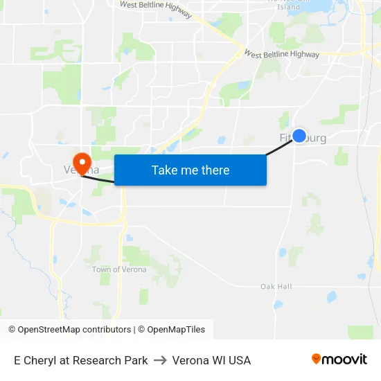 E Cheryl at Research Park to Verona WI USA map