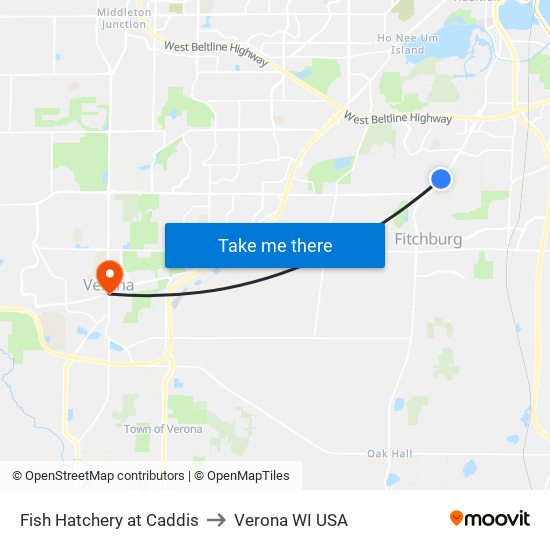 Fish Hatchery at Caddis to Verona WI USA map