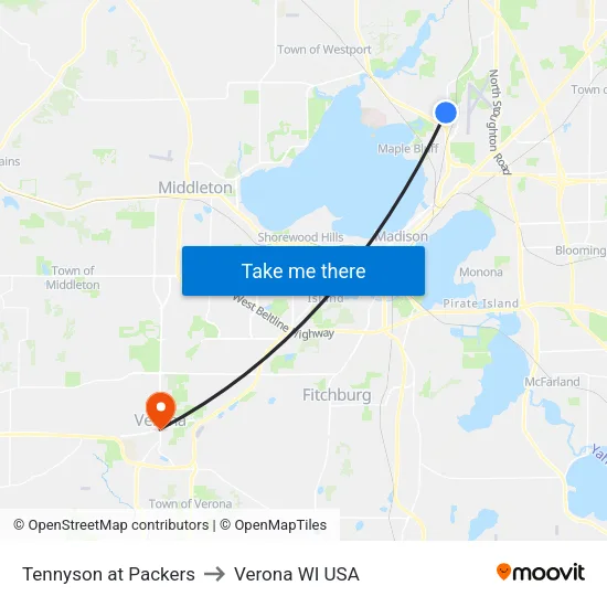 Tennyson at Packers to Verona WI USA map