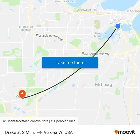 Drake at S Mills to Verona WI USA map