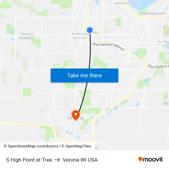 S High Point at Tree to Verona WI USA map