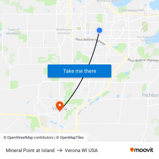 Mineral Point at Island to Verona WI USA map