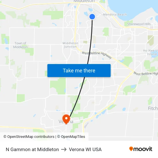 N Gammon at Middleton to Verona WI USA map