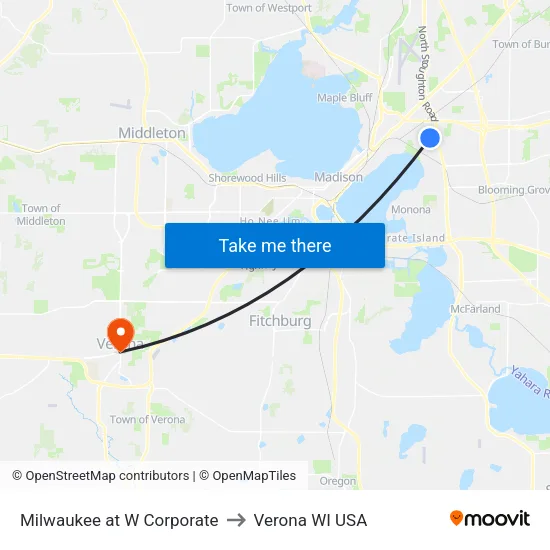 Milwaukee at W Corporate to Verona WI USA map
