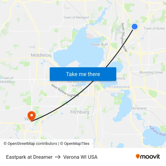 Eastpark at Dreamer to Verona WI USA map