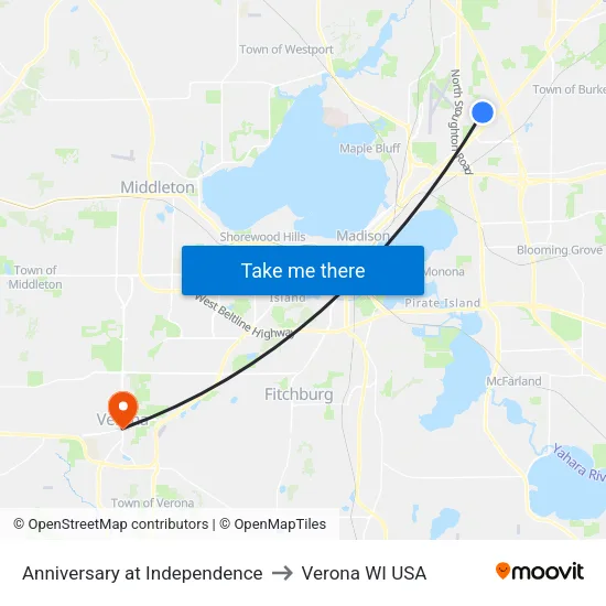 Anniversary at Independence to Verona WI USA map