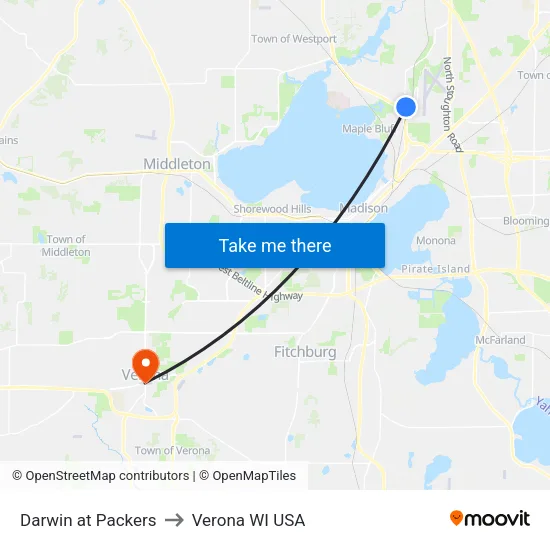 Darwin at Packers to Verona WI USA map