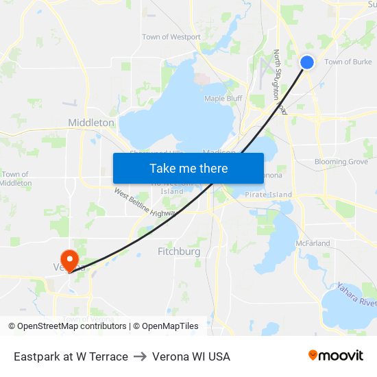 Eastpark at W Terrace to Verona WI USA map