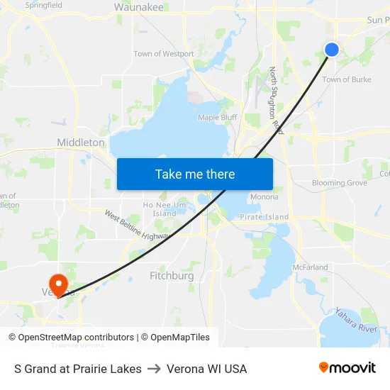 S Grand at Prairie Lakes to Verona WI USA map
