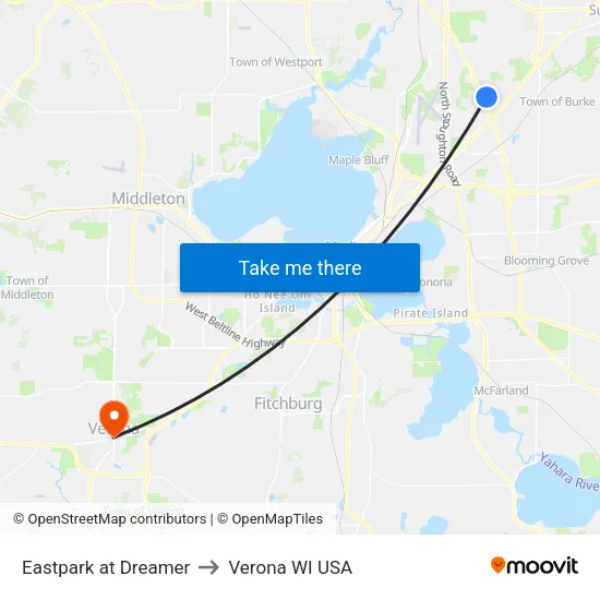 Eastpark at Dreamer to Verona WI USA map