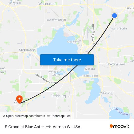 S Grand at Blue Aster to Verona WI USA map