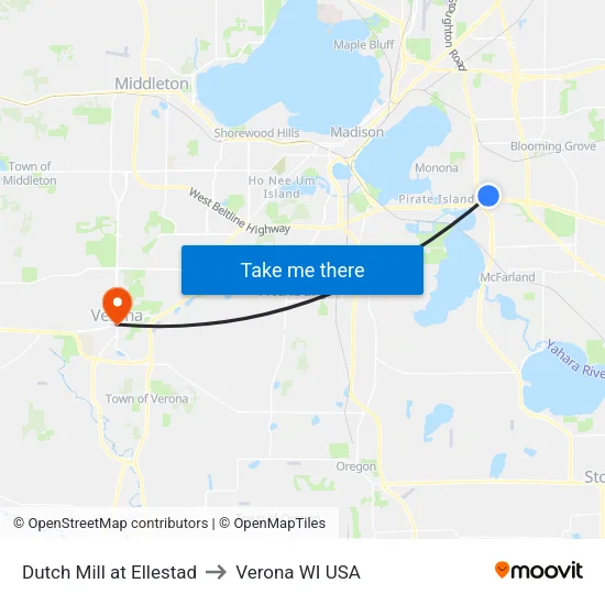 Dutch Mill at Ellestad to Verona WI USA map