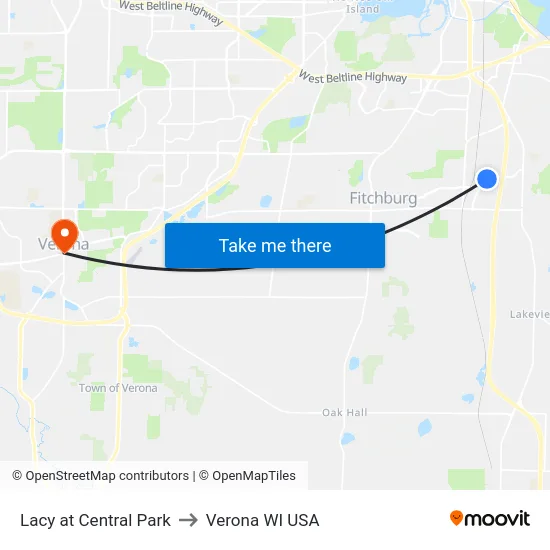 Lacy at Central Park to Verona WI USA map