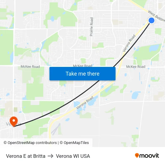 Verona E at Britta to Verona WI USA map