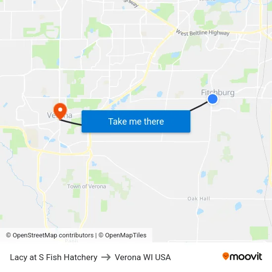 Lacy at S Fish Hatchery to Verona WI USA map