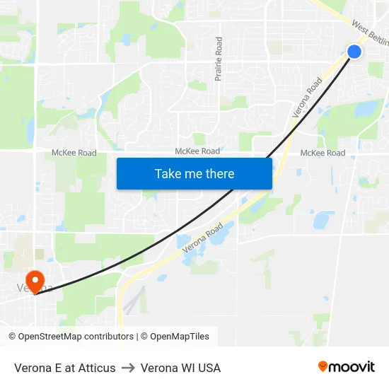 Verona E at Atticus to Verona WI USA map