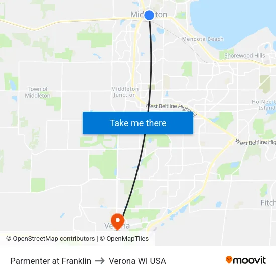 Parmenter at Franklin to Verona WI USA map