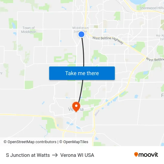 S Junction at Watts to Verona WI USA map