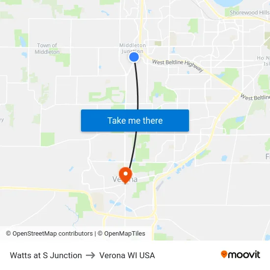 Watts at S Junction to Verona WI USA map