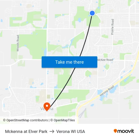 Mckenna at Elver Park to Verona WI USA map