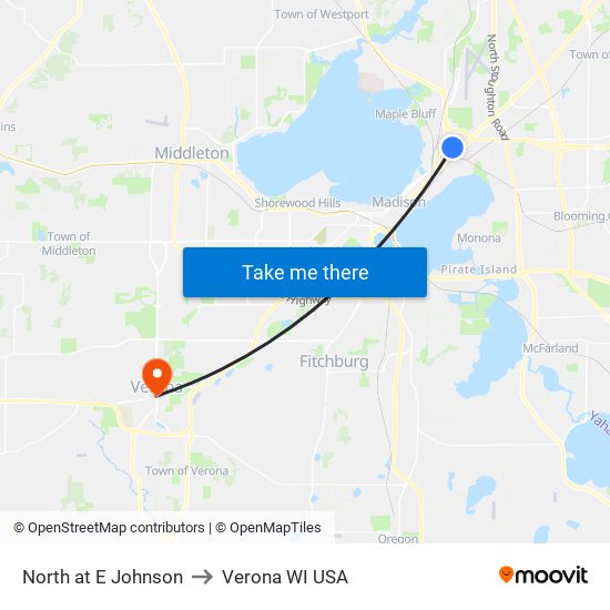 North at E Johnson to Verona WI USA map