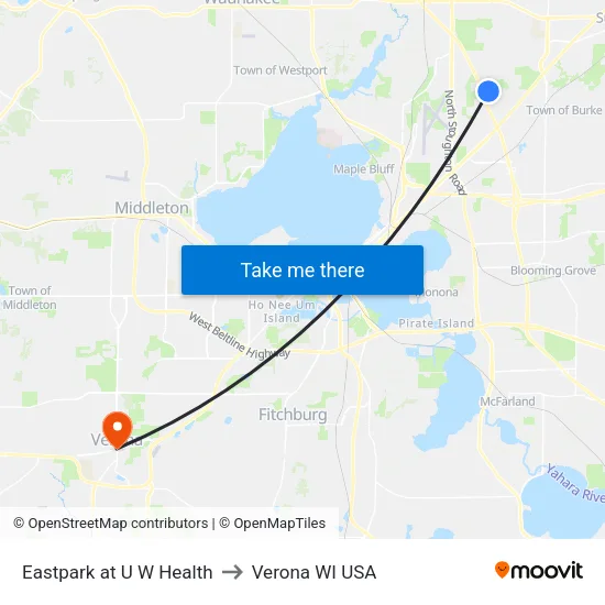 Eastpark at U W Health to Verona WI USA map