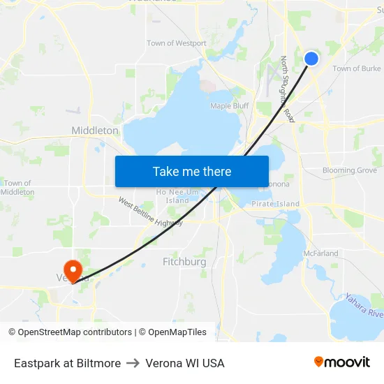 Eastpark at Biltmore to Verona WI USA map