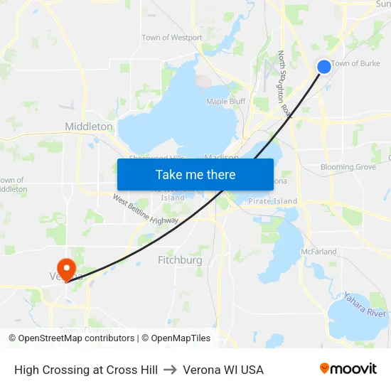 High Crossing at Cross Hill to Verona WI USA map