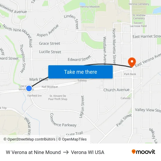 W Verona at Nine Mound to Verona WI USA map