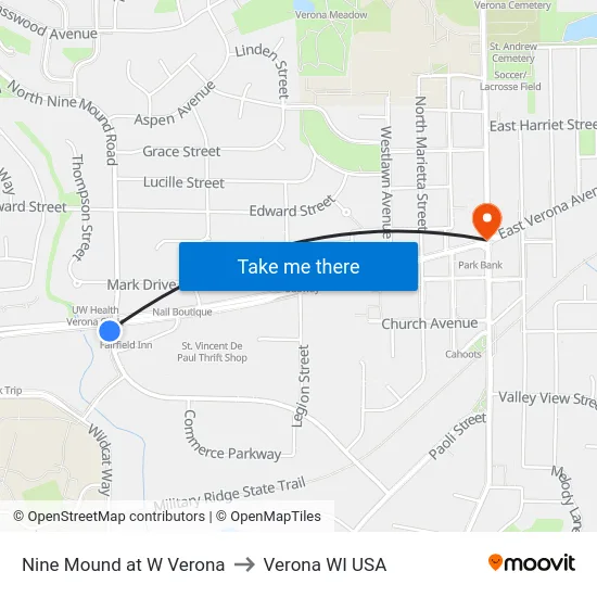 Nine Mound at W Verona to Verona WI USA map