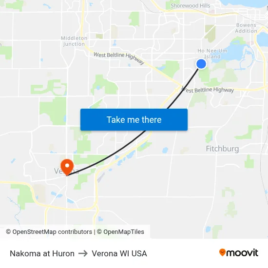 Nakoma at Huron to Verona WI USA map