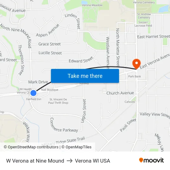 W Verona at Nine Mound to Verona WI USA map