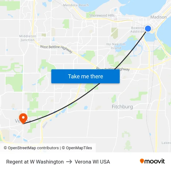 Regent at W Washington to Verona WI USA map