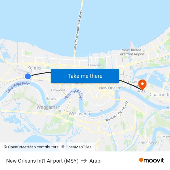 New Orleans Int'l Airport (MSY) to Arabi map