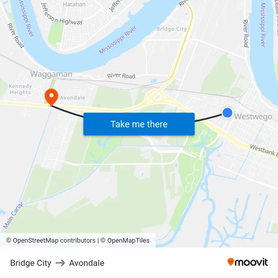 Bridge City to Avondale map